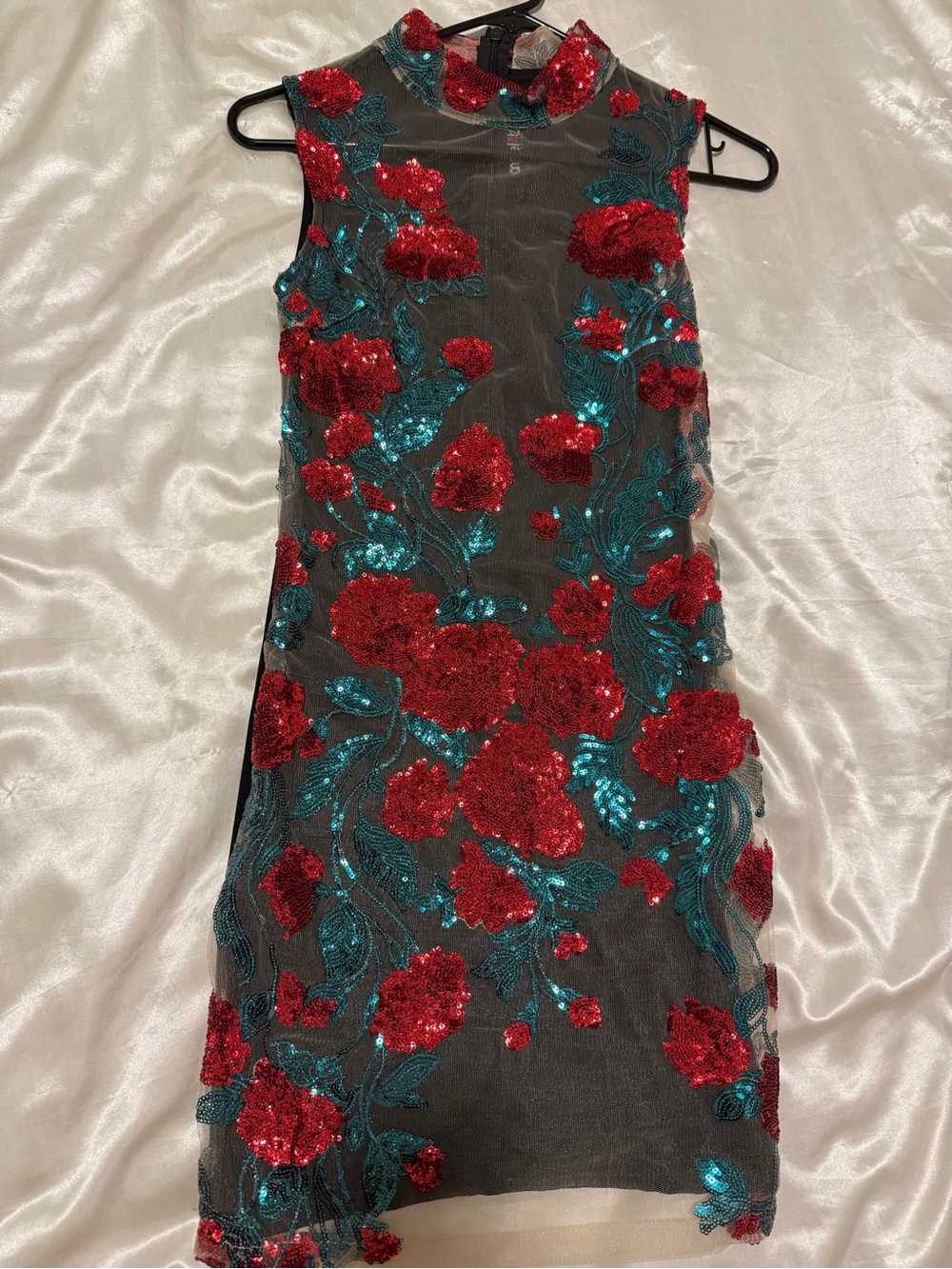 Red Sequin Floral Mesh Prom Dress with Teal Accents